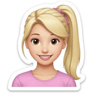 a cute woman like a barbie is smiling, her hair is long, blonde and half ponytail, her eyes color are brown and the color of her lip is soft pink sticker