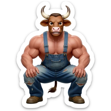furious sunburnt country handsome extra large muscular man with large breasts with bull horns and cow ears and cow tail dressed in shabby ragged denim overalls squats legs vide open sticker