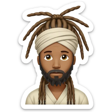 40 year old man with floor length dreads tied on top of his head with a beard sticker