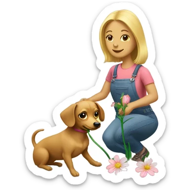Blonde woman and chiweenie planting flower sticker