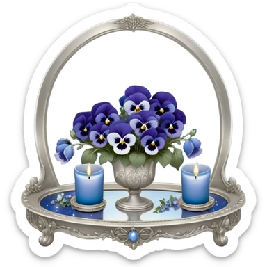 An enchanting nighttime scene where rich blue pansies bloom in a mystical landscape, their petals appearing almost luminous under the soft radiance of a silver crescent moon. A pearl-colored candle, embellished with intricate celestial symbols, sits atop an antique mirror tray, reflecting its warm glow. Wisps of silver mist curl around the flowers, and tiny glowing stars seem to hover just above the ground, adding to the dreamlike atmosphere. In the distance, a faint silhouette of a gothic archway frames the moon, enhancing the scene’s otherworldly beauty. sticker