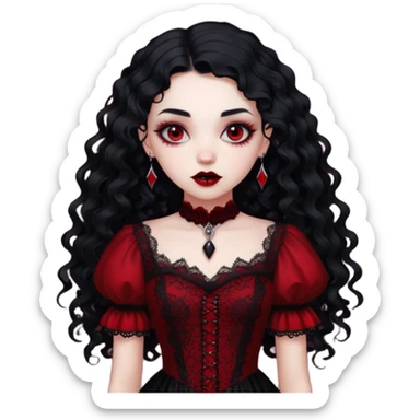 A girl with a red goth vampire look in a blck and red goth lace dress long black curly hair  sticker