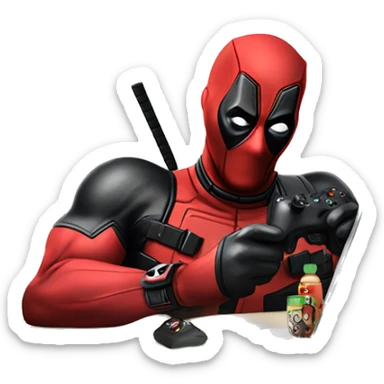 Deadpool holding xbox controller sitting at a desk, front view sticker