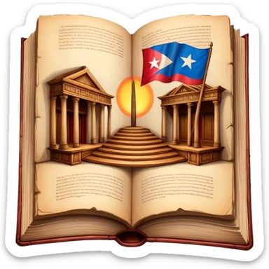 Ancient book open to display hand-drawn theatrical set design sketches on parchment pages, with Puerto Rican flag colors subtly incorporated, wooden theater elements, warm glowing aura sticker