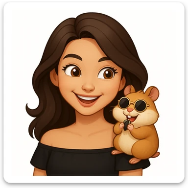 Add a cheeky, adorable hamster perched playfully on her shoulder. The hamster is wearing tiny round sunglasses and munching on a seed. The woman and her hamster are sharing a fun, carefree moment together, radiating warmth and joy. Keep the modern, clean, warm style. sticker