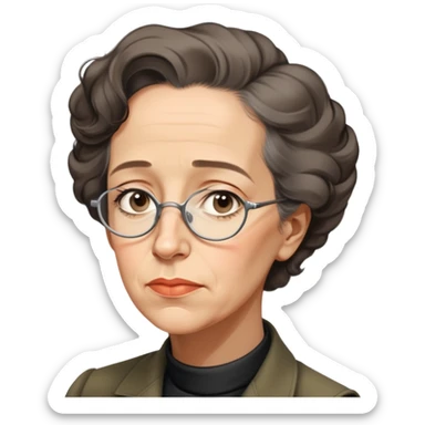 portrait of Hannah Arendt, thoughtful expression, no glasses, looking slightly upward, neutral background sticker