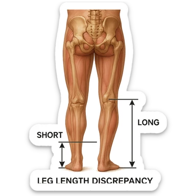 Medical style hyperrealistic posterior view highlighting very clearly the difference in leg length: one leg visibly shorter than the other. Add arrows, reference lines, and an anatomical caption to make the concept immediately understandable. No background. Variation 2. sticker