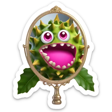 3D elegant Pitahaya with large shiny eyes 👀 Pitahaya hand holds the mirror with its reflection 🪞 sticker