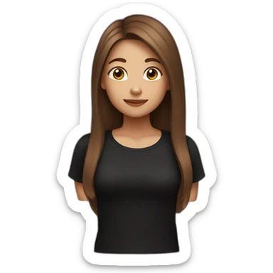 A girl with long brown hair wearing a black T-shirt sticker