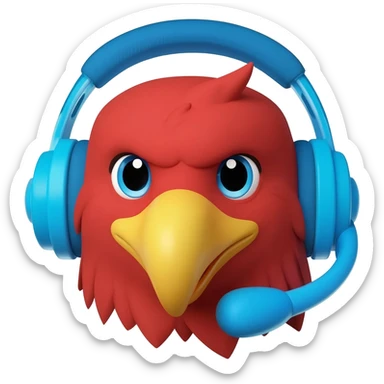 Cute 3D emoji of a red eagle head wearing a blue headset, smiling professionally, isolated on white background, cartoon render. sticker