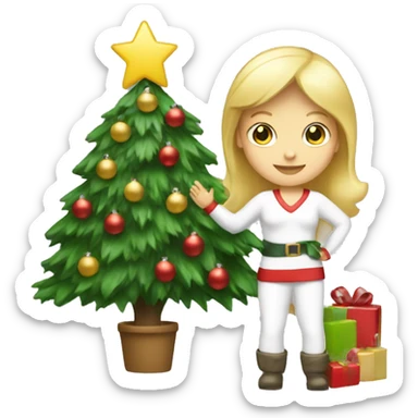 Blond white women decorating a Christmas tree sticker
