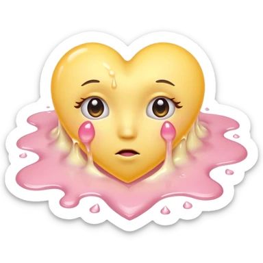 A pastel-yellow heart melting into soft pink tears, curled on a clouded floor under warm sunrise light. sticker