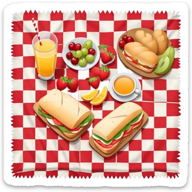 picnic with sandwiches, fruits, and drinks on a red and white checkered blanket sticker