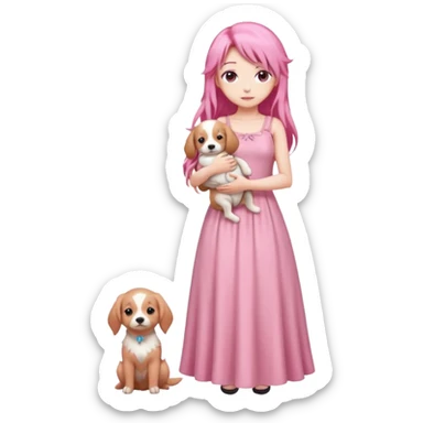 Pastel anime lady long hair pink long dress full body holding puppy sticker