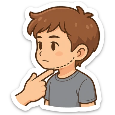 Add a finger pointing to the boy's chin, keep the chibi cartoon style, with no background. sticker