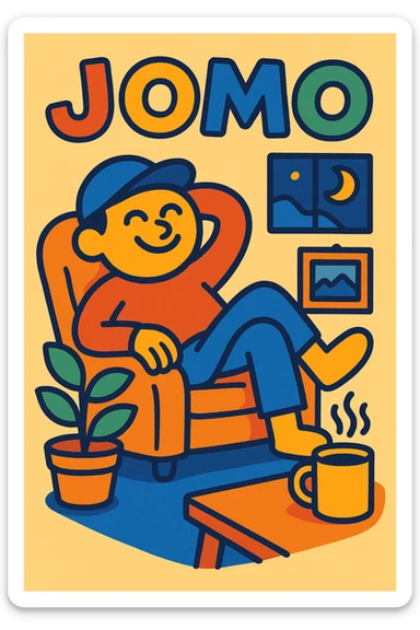 Slack emoji for JOMO, smiling character lounging at home, acronym 'JOMO' in playful text, vibrant toon style sticker