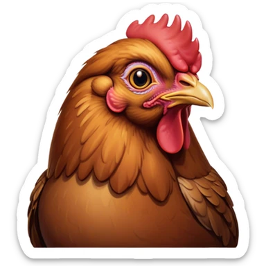 Cinematic Noble Brown Chicken Portrait Emoji, Poised and regal, with a compact, sturdy build and a warm, well-groomed brown plumage, deep-set soulful beady eyes, Simplified yet sharp and sophisticated features, highly detailed, glowing with a soft, dignified glow, high shine, intelligent and earthy, stylized with an air of rustic elegance, focused and attentive, soft glowing outline, capturing the essence of a watchful and confident fowl, so majestic it feels as though it could strut out of the screen with effortless authority! sticker
