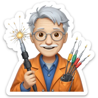 A scatteredbrained old tinkerer with messy workshop coat, holding sparking wires.
 sticker