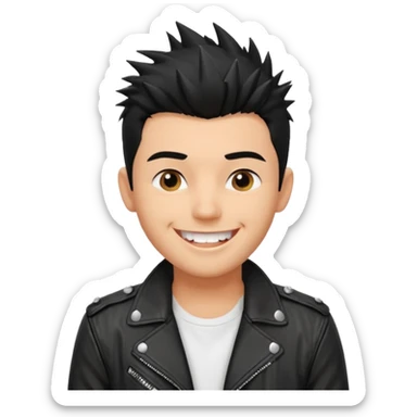 emoji of a young gentleman, short spiky black hair, wearing a leather jacket and t-shirt, smiling sticker