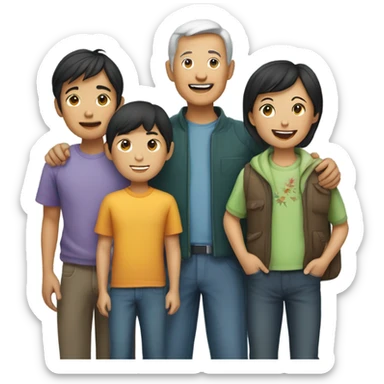A group of four Asian friends with one older female one older male and two young boys sticker