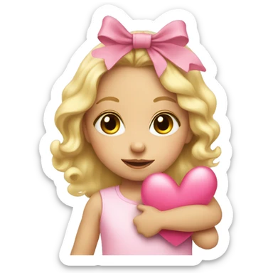 Blonde toddler girl with pink bow holding a heart sticker