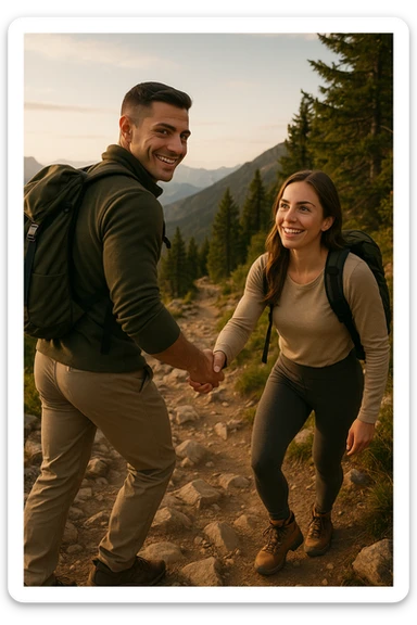 a man and woman climb a mountain trail together, the man leading but frequently looking back to ensure the woman is comfortable and supported. The woman follows with determination and a smile, symbolizing trust, encouragement, and the value of supportive leadership within a relationship. sticker