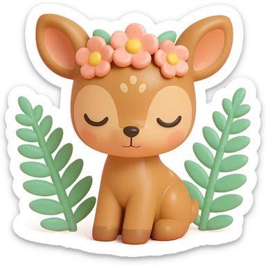 baby deer with a flower crown, surrounded by ferns, vinyl figure style sticker