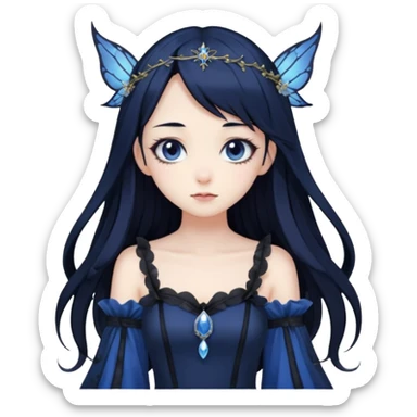 Gothic anime fairy with long beautiful black hair and dark blue dress, pastelcore, sticker