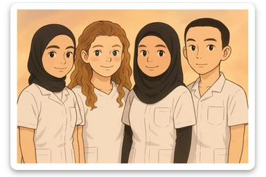 Illustrate four nursing students standing side by side in a warm atmosphere, wearing short-sleeved white uniforms without undershirts or stethoscopes, inspired by the four provided faces, in Ghibli style. sticker