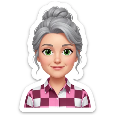 MUJER MAESTRA, PELO GRIS, MOÑO INFORMAL DESPEINADO, OJOS VERDES CARA OVALADA Y BABI DE MAESTRA CUADROS ROSAS/GRANATE/BLANCOS sticker