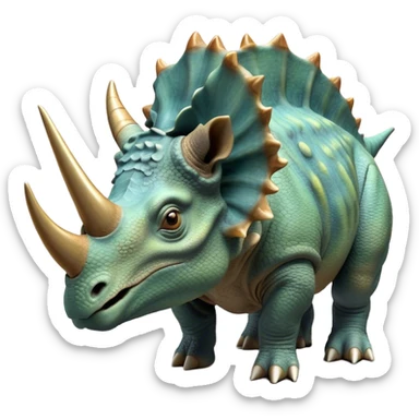 Beautiful and Majestic Triceratops Portrait Emoji, Head and body rendered in serene repose with a gentle, content smile, showcasing a robust, horned form with an intricately frilled head and eyes softly closed in tranquil repose, Simplified yet exquisitely endearing features, highly detailed, glowing with a soft, drowsy prehistoric light, high shine, relaxed and utterly majestic, stylized with an air of ancient splendor, soft glowing outline, capturing the essence of a beautiful and majestic Triceratops that embodies the timeless strength of the ancient world! sticker