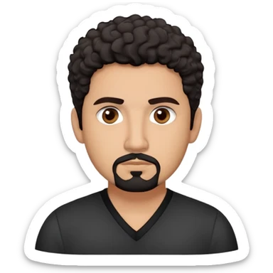 Latino theatre director with light cinnamon skin. Structured face with defined features. Critical dark brown eyes. Thoughtful expression. Well-groomed black goatee with some gray. Short curly dark hair. Wearing a black V-neck shirt with minimal design. sticker