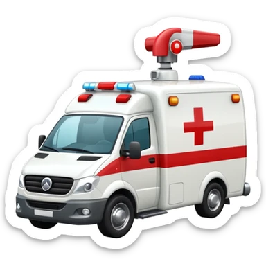 A modern white-and-red ambulance van with flashing rooftop siren.
 sticker