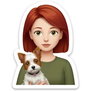 Westie dog being held by woman with dark shoulder length red hair and hazel eye wearing olive green top sticker