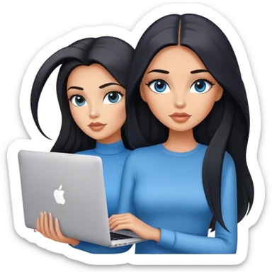 Glamours tanned very beautiful girl with pump peach nude lips and black straight smooth long hair, blue-grey eyes in beautiful clothing stading with MacBook sticker