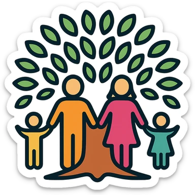 a family holding hands, their bodies blending into a tree trunk with leafy branches above, modern icon style sticker