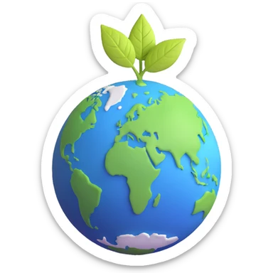 A single green leaf resting gently on top of a vibrant, round Earth globe. The focus is on the leaf and the globe with a simple background and soft natural lighting sticker