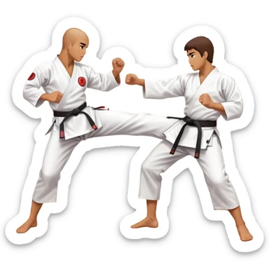 Two karate fighters in traditional gi sparring. One executes a high kick aimed at the opponent’s head, while the other blocks with a strong hand defense. The background features a classic dojo with wooden flooring and banners. Dynamic motion and focused expressions. Transparent background. sticker