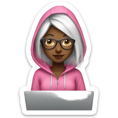 tech girl with white hair and pink hoodie with clear glasses with laptop sticker