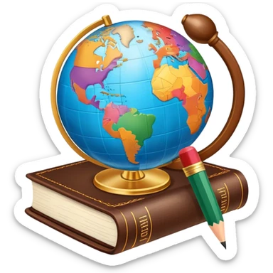 An icon featuring a globe with speech bubbles in different languages, symbolizing the study of foreign languages. The design includes a book and a pencil, representing learning and communication across cultures. Transparent background highlights the global nature of language education. sticker