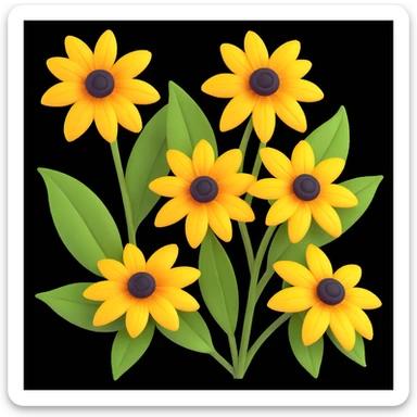 three yellow rudbeckia flowers with green leaves, 3D iOS style, glossy petals, white background sticker