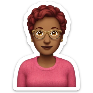 45-year-old Dutch woman with dark red colored short hair, pink sweater and gold glasses sticker