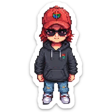 Coolkid, the Roblox hacker, as a pixel art character with a red cap, dark glasses, and a hoodie, standing confidently with a techy background sticker