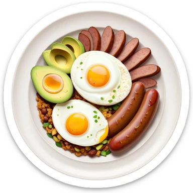 Bandeja Paisa Cinematic Realistic Bandeja Paisa Dish Emoji, depicted as a hearty platter featuring rice, beans, avocado slices, one sausage, a perfectly cooked egg, and crispy pork crackle, rendered with vivid textures and robust, inviting lighting. sticker