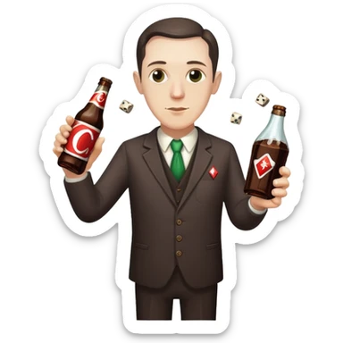 writer Lovecraft holding a bottle of cola and throwing dice, emoji style sticker