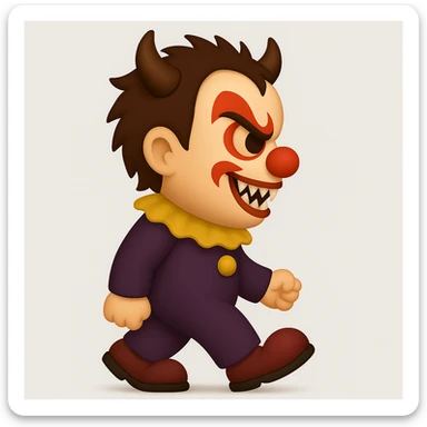 Create an emoji art style full body illustration of a child demonic clown with horns and fangs, facing to the left. Maintain the spirit and expression of the original character shown in the reference image. sticker