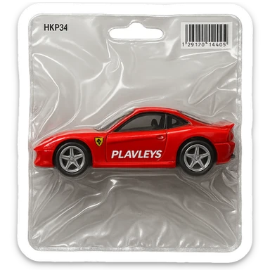 red Ferrari car with the word 'PLAVLEYS' on the side, inside a Hot Wheels style blister package, glossy and puffy, no background sticker