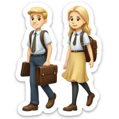 A boy and a girl, schoolchildren, go to school with briefcases and flowers on September 1, cartoon style, clipart sticker