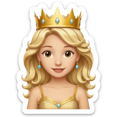 Cheerful blonde latin princess with wavy hair and light gold dress, wearing crown sticker