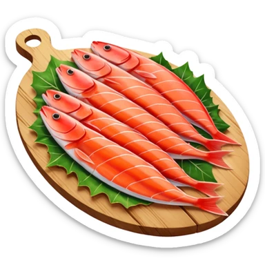 Draw raw fish fillets arranged on a wooden board with skin & flesh texture visible. sticker